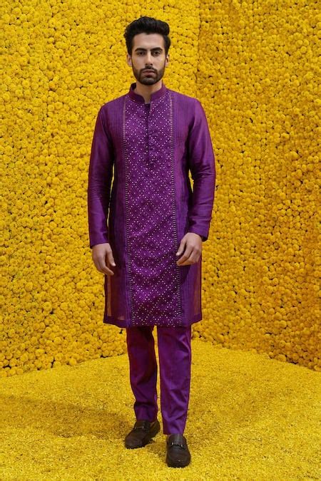 Buy Purple Banarasi Chanderi Woven Geometric Raana Kurta Set For Men By