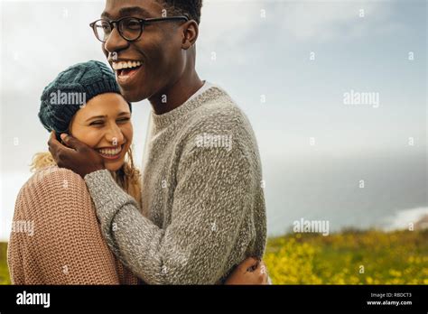 Loving Interracial Couple Spending Time Together Outdoors Young Man