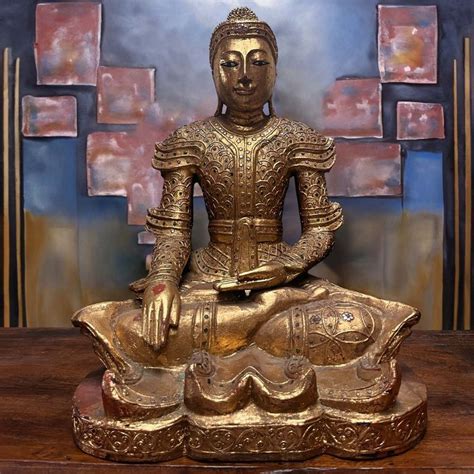 Holz Buddha Figur Mandalay Skulptur Mit Blattvergoldung Alt Kaufen