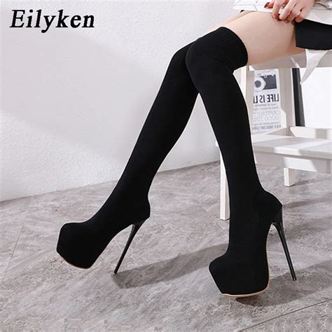 Eilyken Fashion Stretch Fabric Platform Round Toe Stiletto Over The