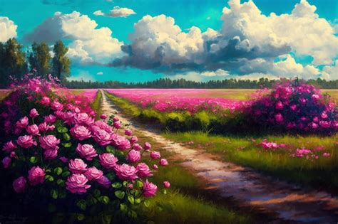 Una Pintura De Un Camino Que Conduce A Un Campo De Flores Foto Premium