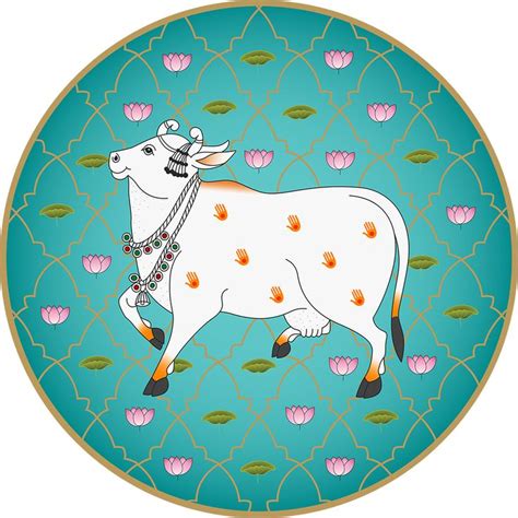 A Painting Of A Cow On A Blue Background With Pink Flowers And Leaves