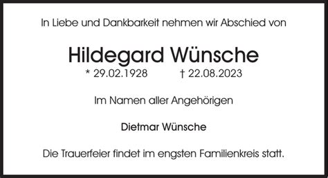 Hildegard W Nsche Traueranzeige S Chsische Zeitung