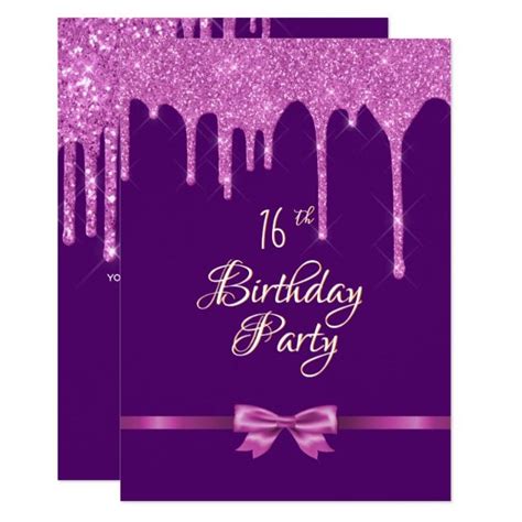 Purple Glitter Birthday Party Card With Pink Bow