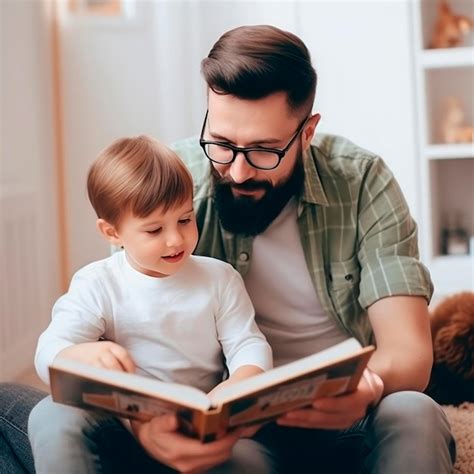 Pai e filho estão lendo um livro e sorrindo enquanto passam um tempo