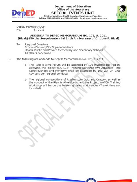 Addenda To Deped Memo No 178 S 2011 Pdf Philippines Further