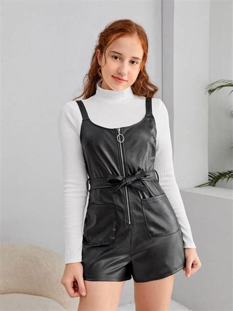 Shein Teen Girls Zip Up Belted Pu Leather Overall Romper Without Tee