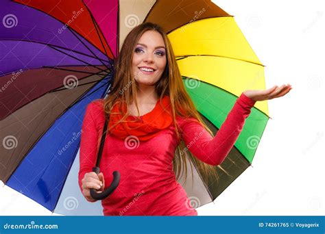 Woman Standing Under Multicolored Umbrella Stock Image Image Of Rain