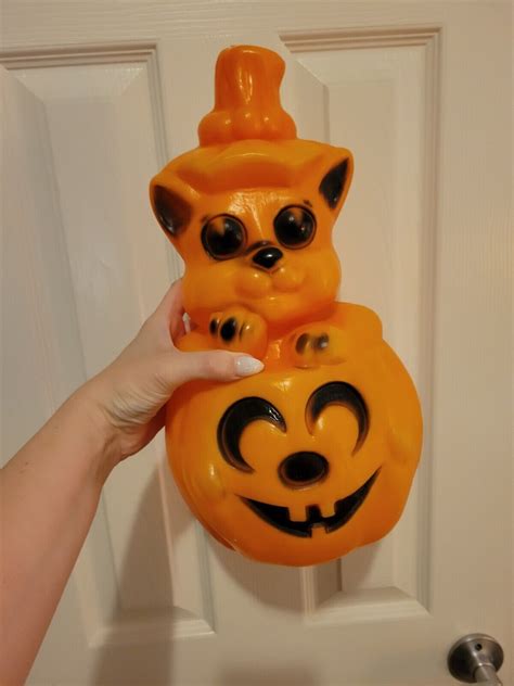 Vintage Halloween Cat On Pumpkin Blowmold Htf Rare Ebay