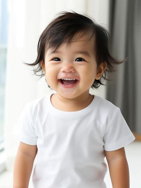 Un bebé con una camisa blanca que dice feliz sonriendo Foto Premium