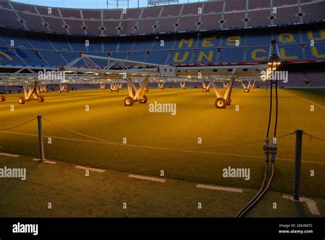 The pitch at being heated Camp Nou stadium, Barcelona Football Club ...