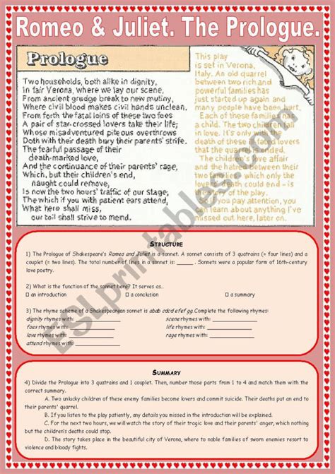 Romeo And Juliet Prologue Worksheets