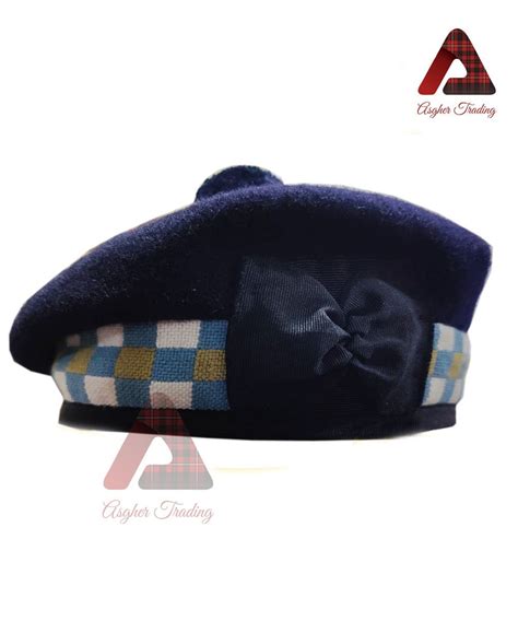 Scottish Highlander Kilt Hat 100 Navy Blue Wool Bonnet Hat Tan Blue