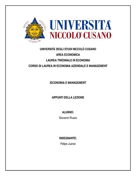 Economia e management UNIVERSITÀ DEGLI STUDI NICCOLÒ CUSANO AREA