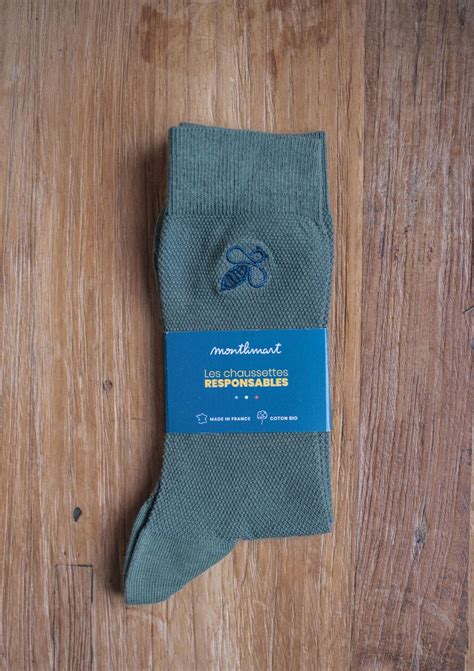 Chaussettes brodées homme MONTLISOCKS kaki clair made in France en