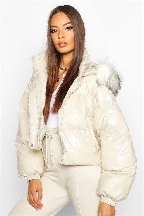 Crop Vinyl Faux Fur Trim Puffer Jacket Boohoo With Images Fur Trim Puffer Jackets Faux