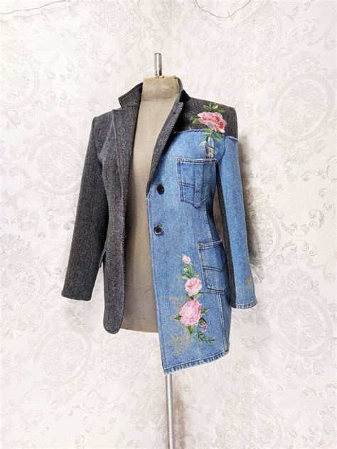 Upcycled Wool Denim Combined Women S Blazer Embroidered Etsy