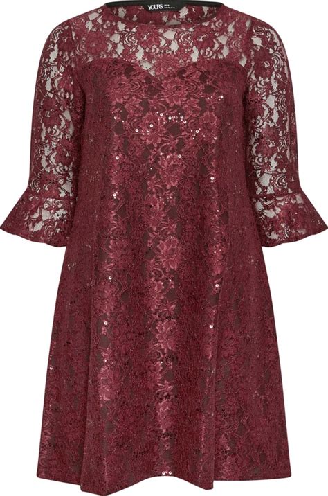 Yours Curve Burgundy Lace Sequin Embellished Swing Dress Women S