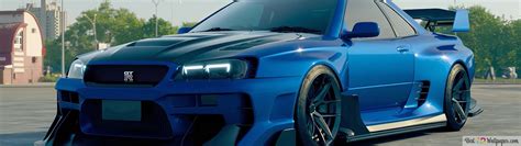 Modified Nissan Skyline R34 With Blue Color And Black Rim 4k Wallpaper Download