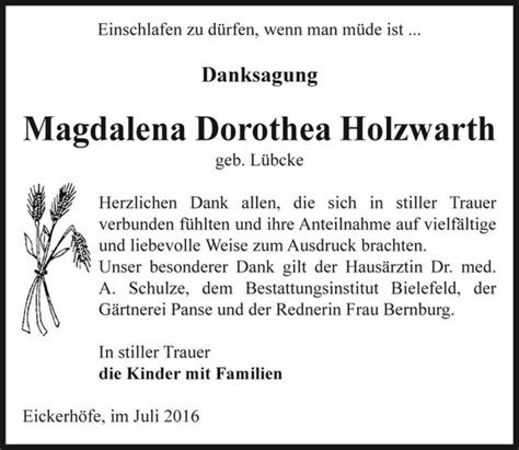 Traueranzeigen Von Magdalena Dorothea Holzwarth Geb L Beke