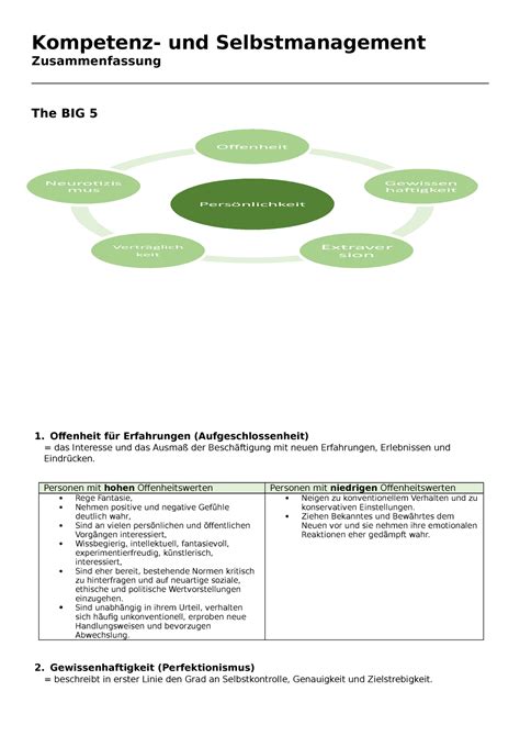 Zusammenfassung Kompetenz und Selbstmanagement Persönlichkeit