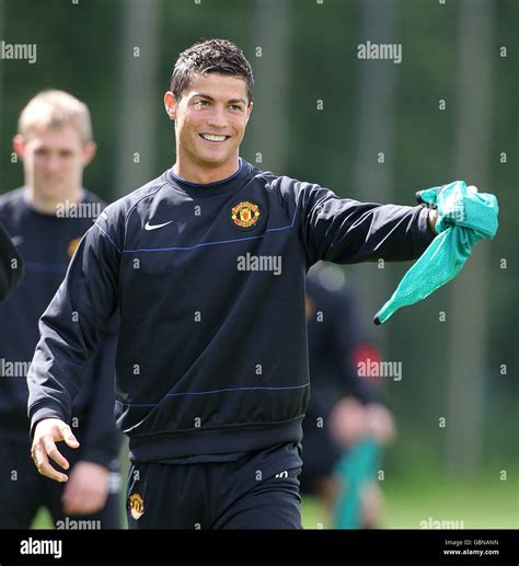 Manchester Uniteds Cristiano Ronaldo Centre During Training Session At