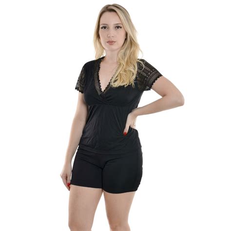 Short Doll Em Liganete Manga Curta Vi Lingerie Preto