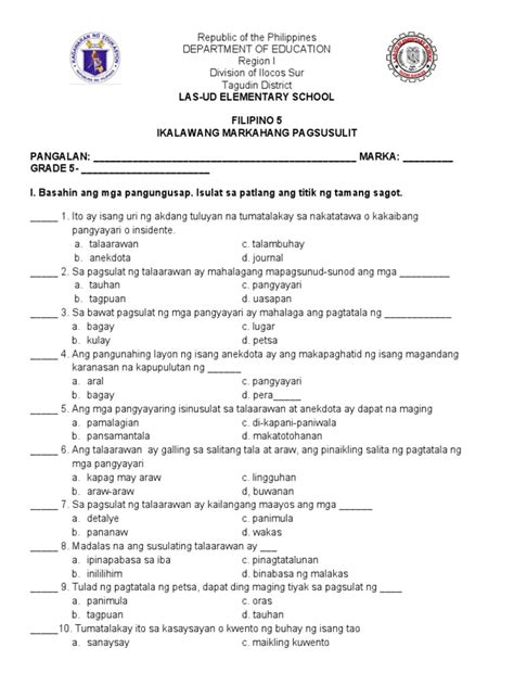 Second Periodic Test Filipino 5 Sy2022 23 Pdf