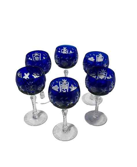 Bohemian Cobalt Blue Etched Crystal Cordial Wine Glasses Set Etsy