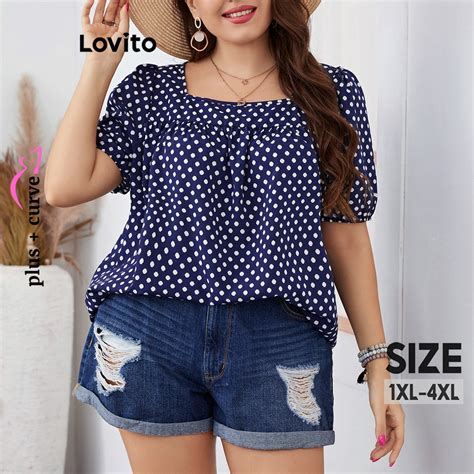 Lovito Plus Size Curve Casual Polka Dot Lettuce Trim Blouse For Women