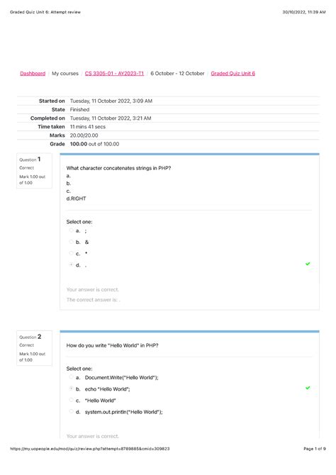 Graded Quiz Unit 6 Attempt Review CS3305 Question 1 Correct Mark 1