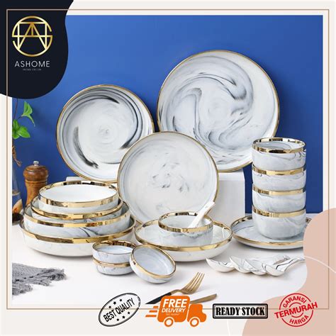 Jual Ashome Piring Makan Keramik Abu Marble List Gold Piring Abu