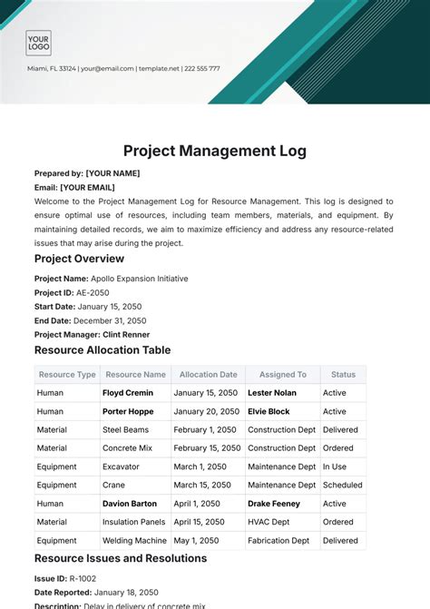 Free Project Management Log Template - Edit Online & Download ...