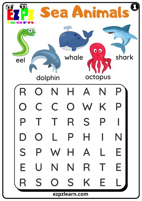 Sea Animals Word Search Worksheet For Kids And Esl Set 1 Free Pdf