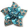 Victorian Corsage Flower Brooch Antique Gold Aqua Blue Avalaya