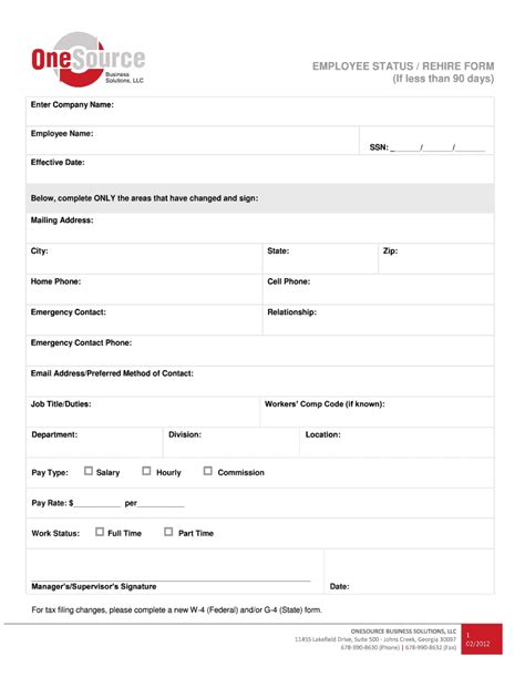 Fillable Online Employee Status Rehire Form Onesource Business