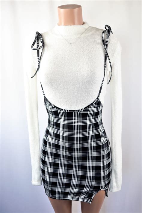 Sofie Plaid Tied Suspender Skirt Black White Sexy Tied Suspender