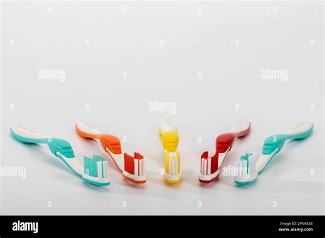 Five Different Colored Manual Toothbrushes White Background Symbol