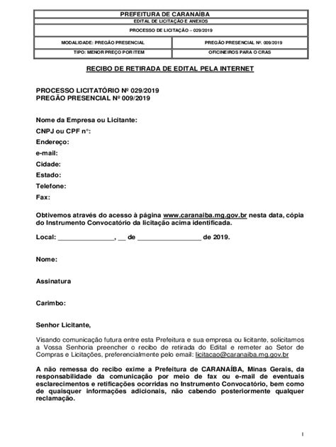 Preenchível Disponível termo de recebimento de processo licitatrio Fax