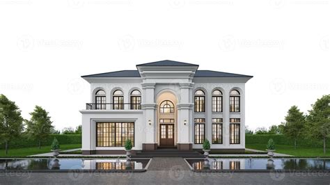 Classic House Exterior With Pond And Landscape On White Background3d