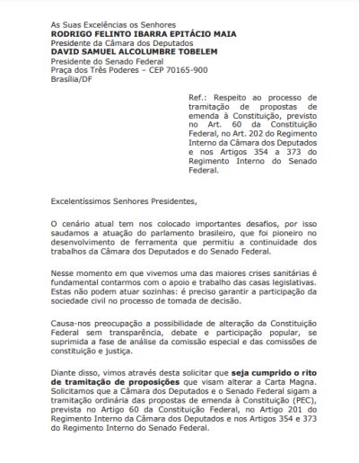 Carta Ao Presidente Da C Mara Dos Deputados E Ao Presidente Do Senado