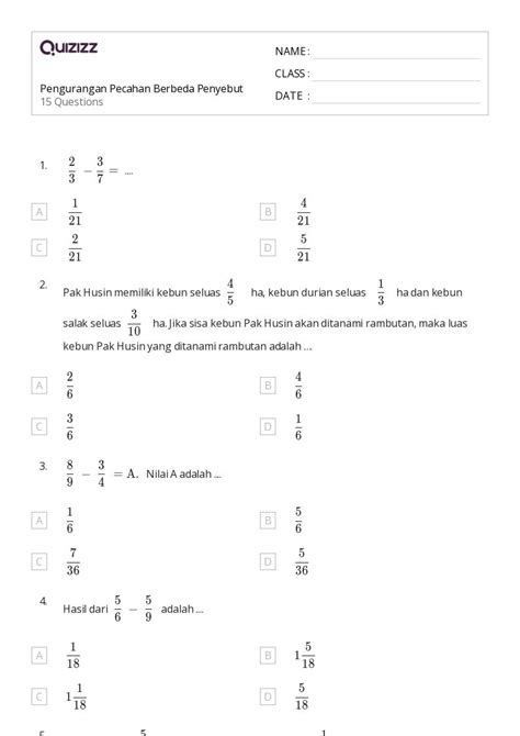 50+ lembar kerja Menjumlahkan Pecahan dengan Penyebut Berbeda untuk Kelas 4 di Quizizz | Gratis ...