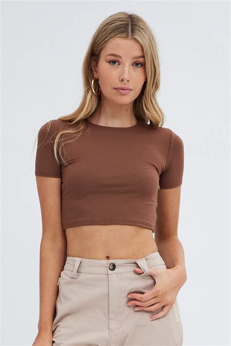 Brown T Shirt Short Sleeve Crew Neck Ally Fashion