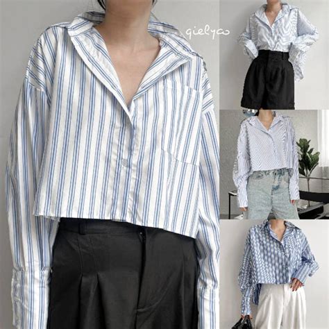 Jual 2156 Kemeja Garis Garis Salur Korean Style Kemeja Crop Oversize Kekinian Formal