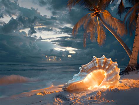 A Tranquil Beach With Palm Trees And A Giant Seashell Emitting A Soft