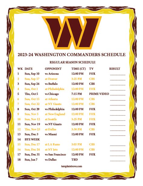 Printable 2023 2024 Washington Commanders Schedule