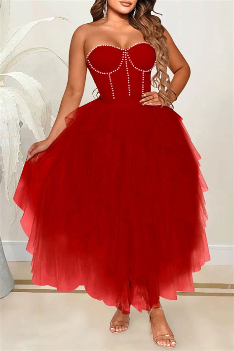 Red Sexy Hot Drilling Mesh Strapless Mesh Dress Dresses Club Dresses