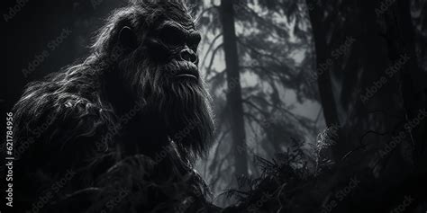 Black And White Portrait Of A Bigfoot Wood Ape In A North American