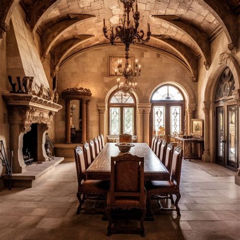 A Large Dining Room Table With Chairs And Chandelier In An Old Castle