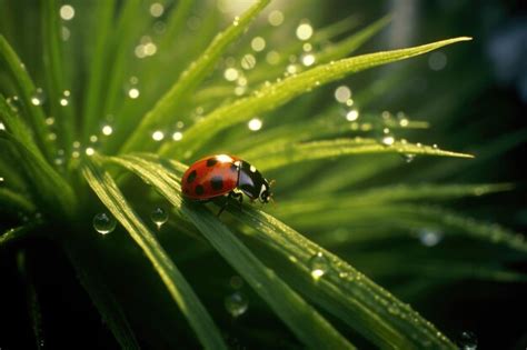 Premium Photo Dewy Morning With Ladybug On Green Grass Blades